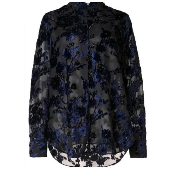 ALICE+OLIVIA Belle Metallic Sheer Velvet Embroidered Chiffon Tops, Navy Black, S - Picture 4 of 4